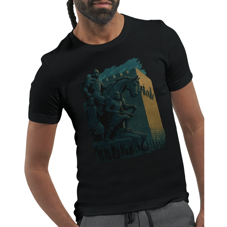 Arab heritage inspired t-shirt with vibrant animated Salah Al Din statue print representing Syrian pride. Eco-friendly cotton shirt for expressing global identity and cultural roots through fashion.