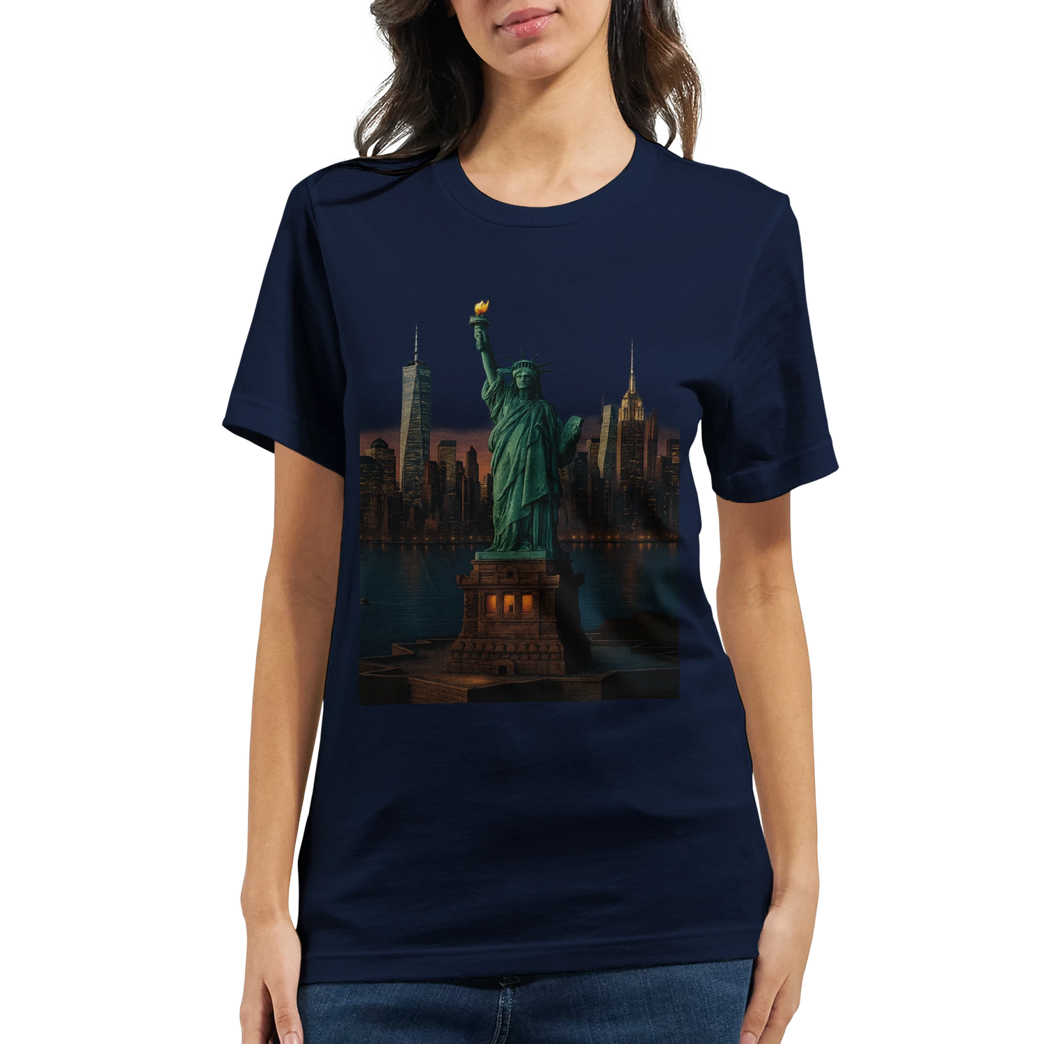 New York Statue of Liberty animated illustration t-shirt featuring bold artistic design printed on eco-friendly cotton. Ideal for urban fashion travelers and people who love world landmarks.