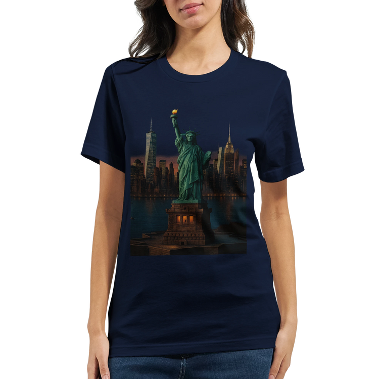 New York Statue of Liberty animated illustration t-shirt featuring bold artistic design printed on eco-friendly cotton. Ideal for urban fashion travelers and people who love world landmarks.