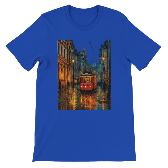 True royal blue premium unisex t-shirt with animated Istanbul Taksim Street travel art perfect for stylish streetwear outfits city landmark fans and travelers who love unique cotton graphic tees