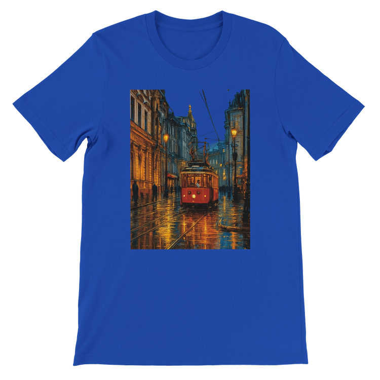 True royal blue premium unisex t-shirt with animated Istanbul Taksim Street travel art perfect for stylish streetwear outfits city landmark fans and travelers who love unique cotton graphic tees