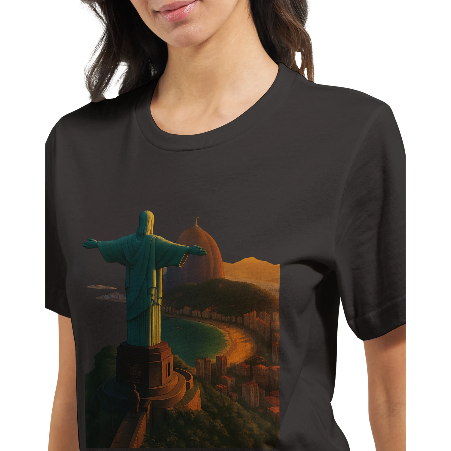 Brazil Rio de Janeiro Christ the Redeemer graphic tee in animated art style. Soft cotton DTG printed travel shirt perfect for wanderlust inspired streetwear outfits and city culture fashion.