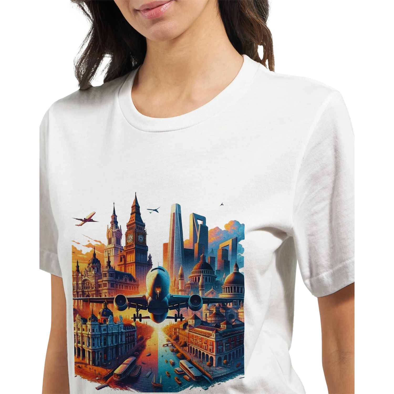 Pink cotton city skyline graphic t shirt featuring bold animated illustrations of international landmarks perfect for urban explorers architecture fans and street fashion enthusiasts looking for unique cultural apparel.