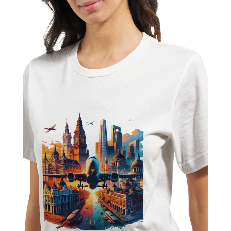 Pink cotton city skyline graphic t shirt featuring bold animated illustrations of international landmarks perfect for urban explorers architecture fans and street fashion enthusiasts looking for unique cultural apparel.