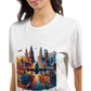 Pink cotton city skyline graphic t shirt featuring bold animated illustrations of international landmarks perfect for urban explorers architecture fans and street fashion enthusiasts looking for unique cultural apparel.