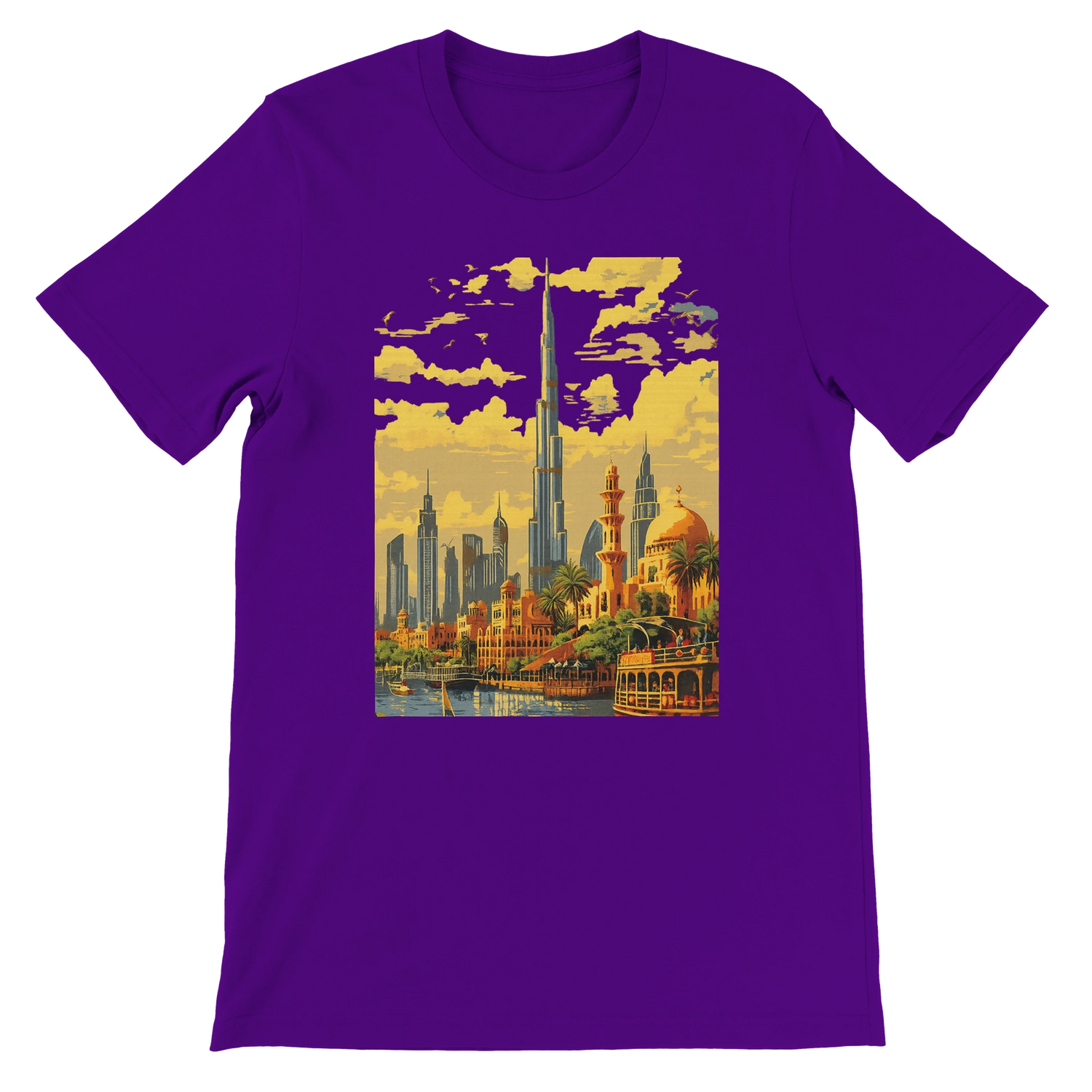 Team purple Burj Khalifa Dubai animated design t shirt showcasing colorful landmark art for city skyline lovers travel culture fans and streetwear trendsetters unisex cotton tee ideal for print on demand collections and stylish casual wear