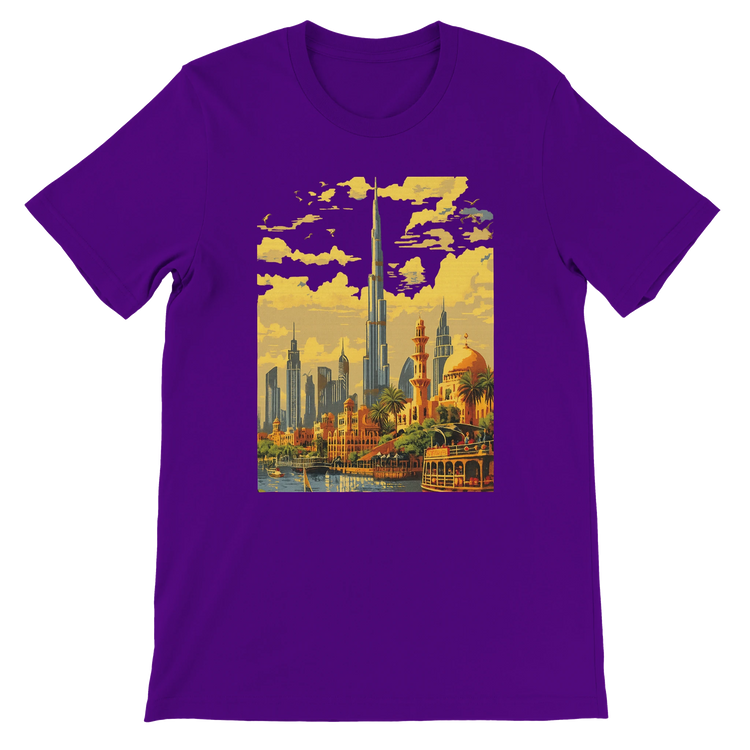 Team purple Burj Khalifa Dubai animated design t shirt showcasing colorful landmark art for city skyline lovers travel culture fans and streetwear trendsetters unisex cotton tee ideal for print on demand collections and stylish casual wear