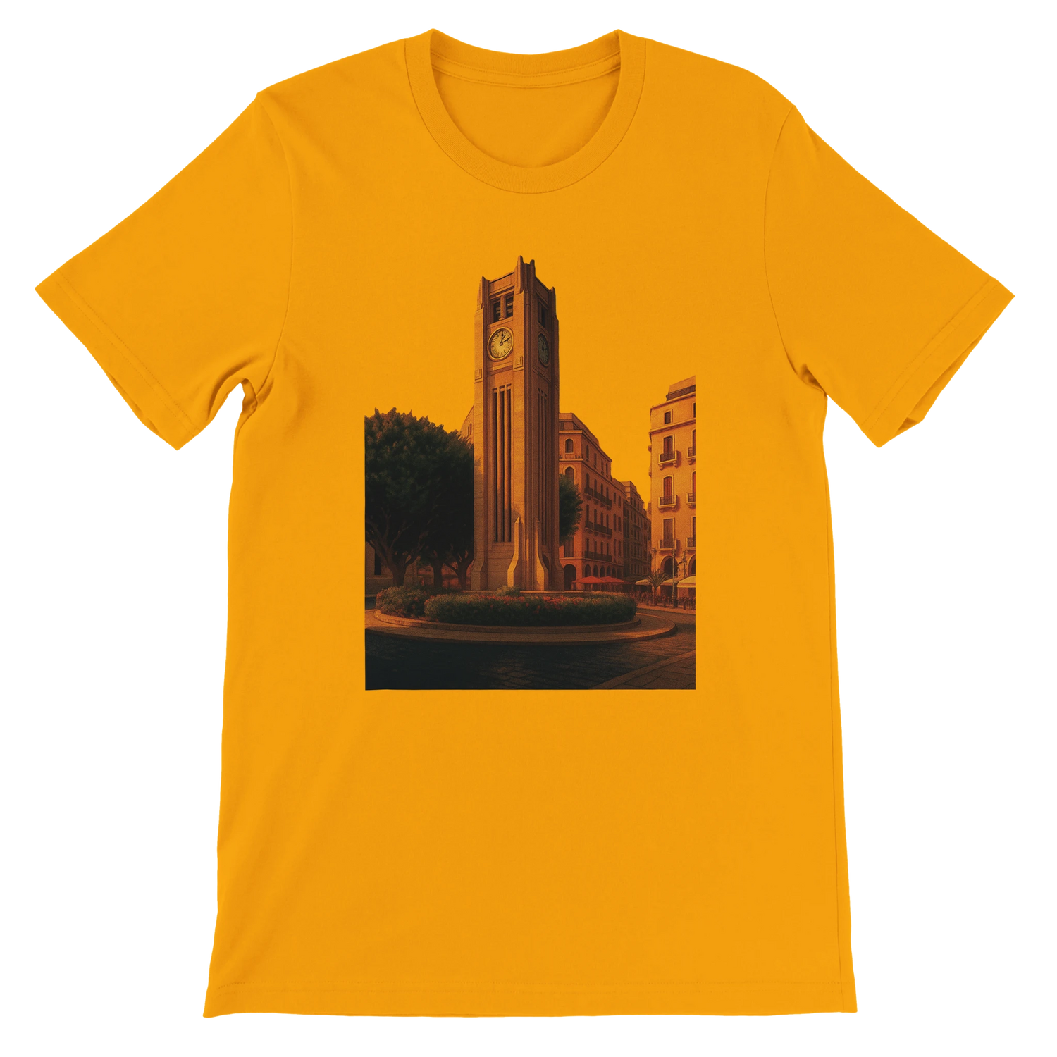 Gold Beirut animated landmark t-shirt with detailed Solidere Square city art printed in bold DTG colors on high quality cotton perfect for cultural streetwear travel fashion and global city lovers