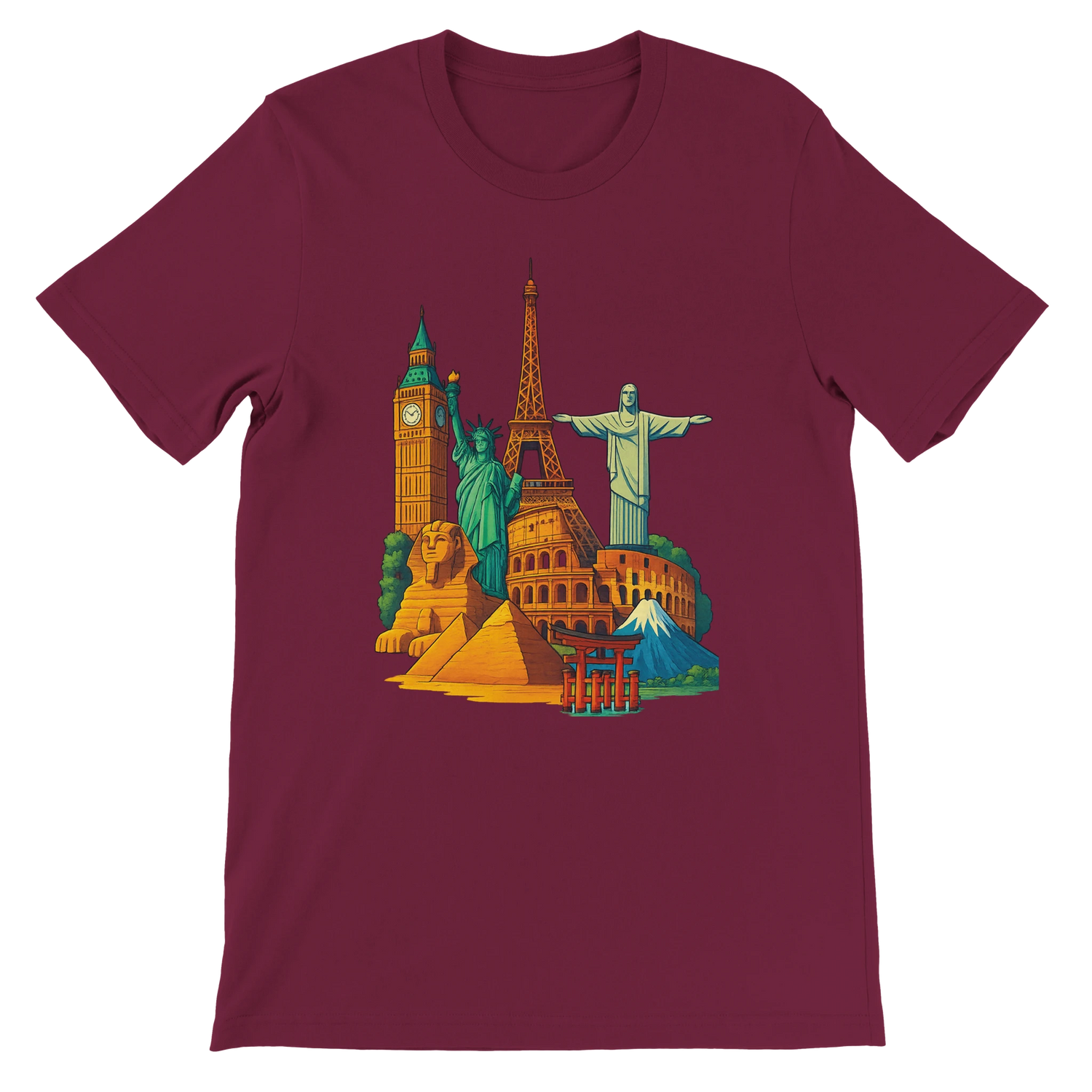 Maroon Famous Landmarks Animated Style T-Shirt with rich colorful landmark illustrations in a bold animated style for travelers and culture lovers crafted in premium cotton with a tailored unisex fit perfect for tourism inspired urban fashion