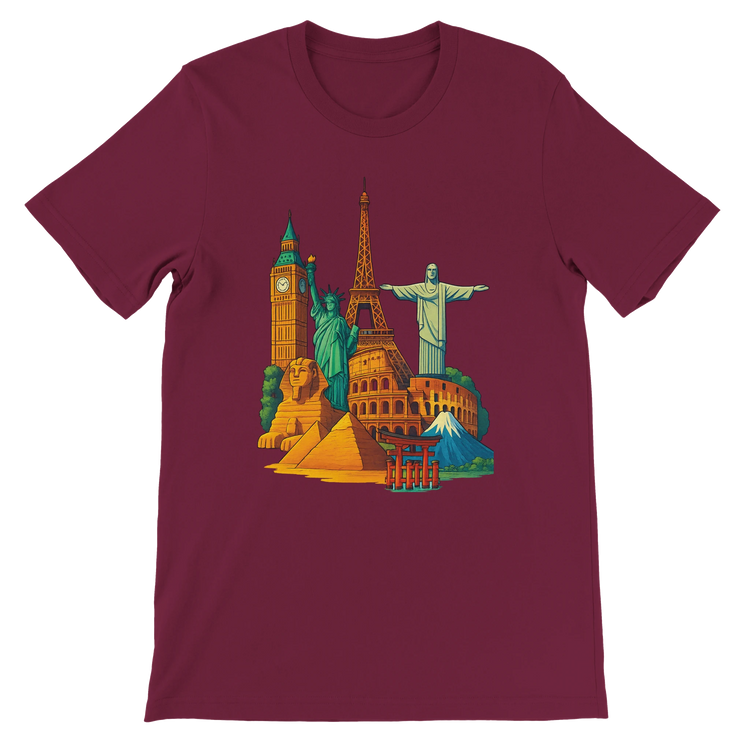 Maroon Famous Landmarks Animated Style T-Shirt with rich colorful landmark illustrations in a bold animated style for travelers and culture lovers crafted in premium cotton with a tailored unisex fit perfect for tourism inspired urban fashion