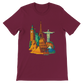 Maroon Famous Landmarks Animated Style T-Shirt with rich colorful landmark illustrations in a bold animated style for travelers and culture lovers crafted in premium cotton with a tailored unisex fit perfect for tourism inspired urban fashion