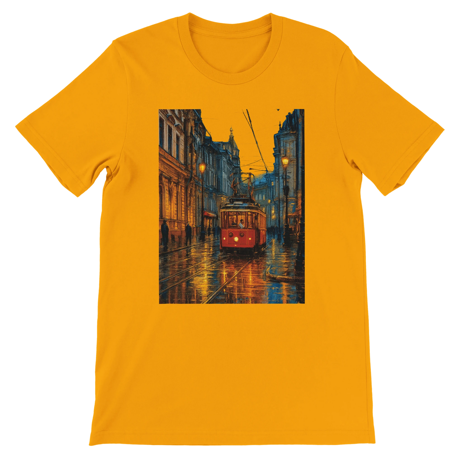 Gold unisex cotton travel t-shirt featuring animated Taksim Street Istanbul city design in bold colors ideal for travel fashion lovers streetwear enthusiasts and fans of iconic world landmark inspired clothing