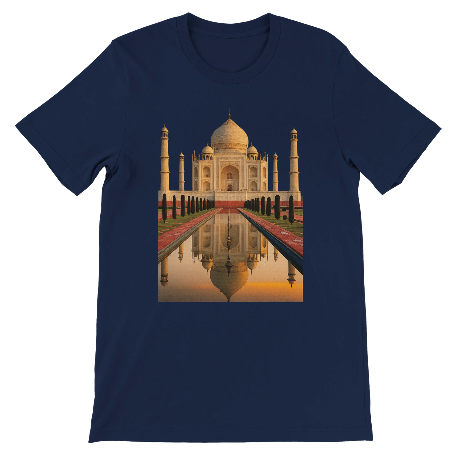 Navy cotton t-shirt with animated Taj Mahal design, combining modern art with world culture. Soft and eco-friendly tee with unisex tailored fit, designed for DTG print perfection and travel-inspired streetwear lovers.