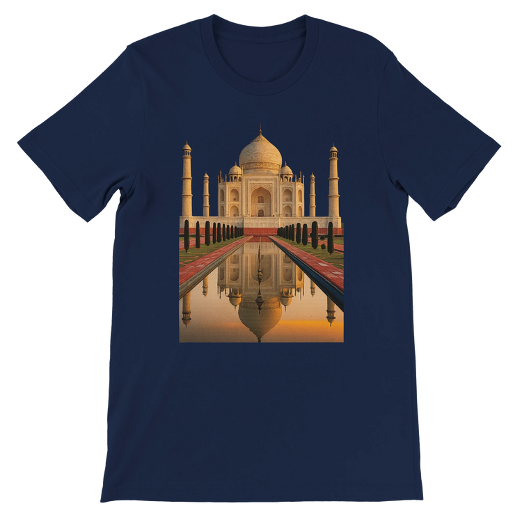 Navy cotton t-shirt with animated Taj Mahal design, combining modern art with world culture. Soft and eco-friendly tee with unisex tailored fit, designed for DTG print perfection and travel-inspired streetwear lovers.