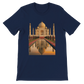 Navy cotton t-shirt with animated Taj Mahal design, combining modern art with world culture. Soft and eco-friendly tee with unisex tailored fit, designed for DTG print perfection and travel-inspired streetwear lovers.