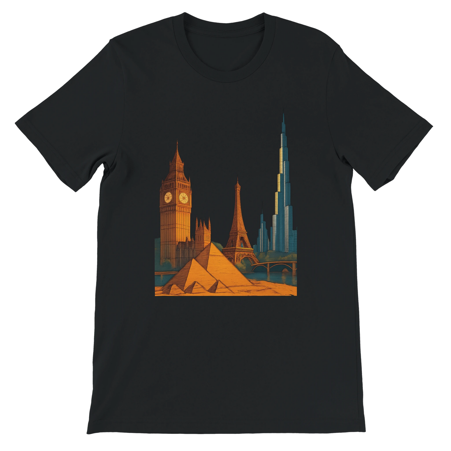 Black City Landmarks Animated T Shirt decorated with colorful cartoon style illustrations of international landmarks. Premium soft cotton graphic tee for architecture fans travel lovers and streetwear fashion enthusiasts. Sustainable print on demand shirt for cultural expression and modern style.