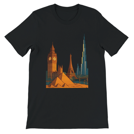 Black City Landmarks Animated T Shirt decorated with colorful cartoon style illustrations of international landmarks. Premium soft cotton graphic tee for architecture fans travel lovers and streetwear fashion enthusiasts. Sustainable print on demand shirt for cultural expression and modern style.