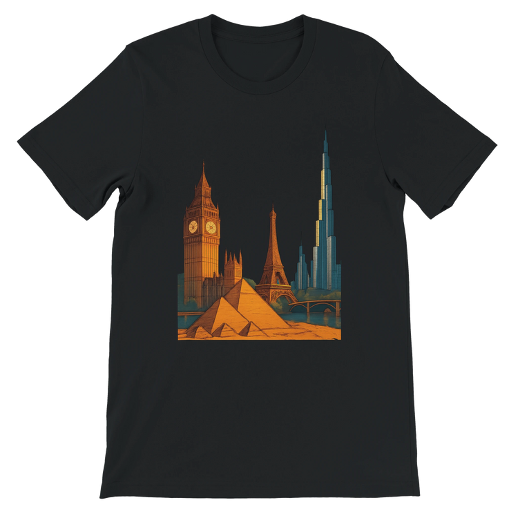 Black City Landmarks Animated T Shirt decorated with colorful cartoon style illustrations of international landmarks. Premium soft cotton graphic tee for architecture fans travel lovers and streetwear fashion enthusiasts. Sustainable print on demand shirt for cultural expression and modern style.
