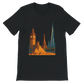 Black City Landmarks Animated T Shirt decorated with colorful cartoon style illustrations of international landmarks. Premium soft cotton graphic tee for architecture fans travel lovers and streetwear fashion enthusiasts. Sustainable print on demand shirt for cultural expression and modern style.