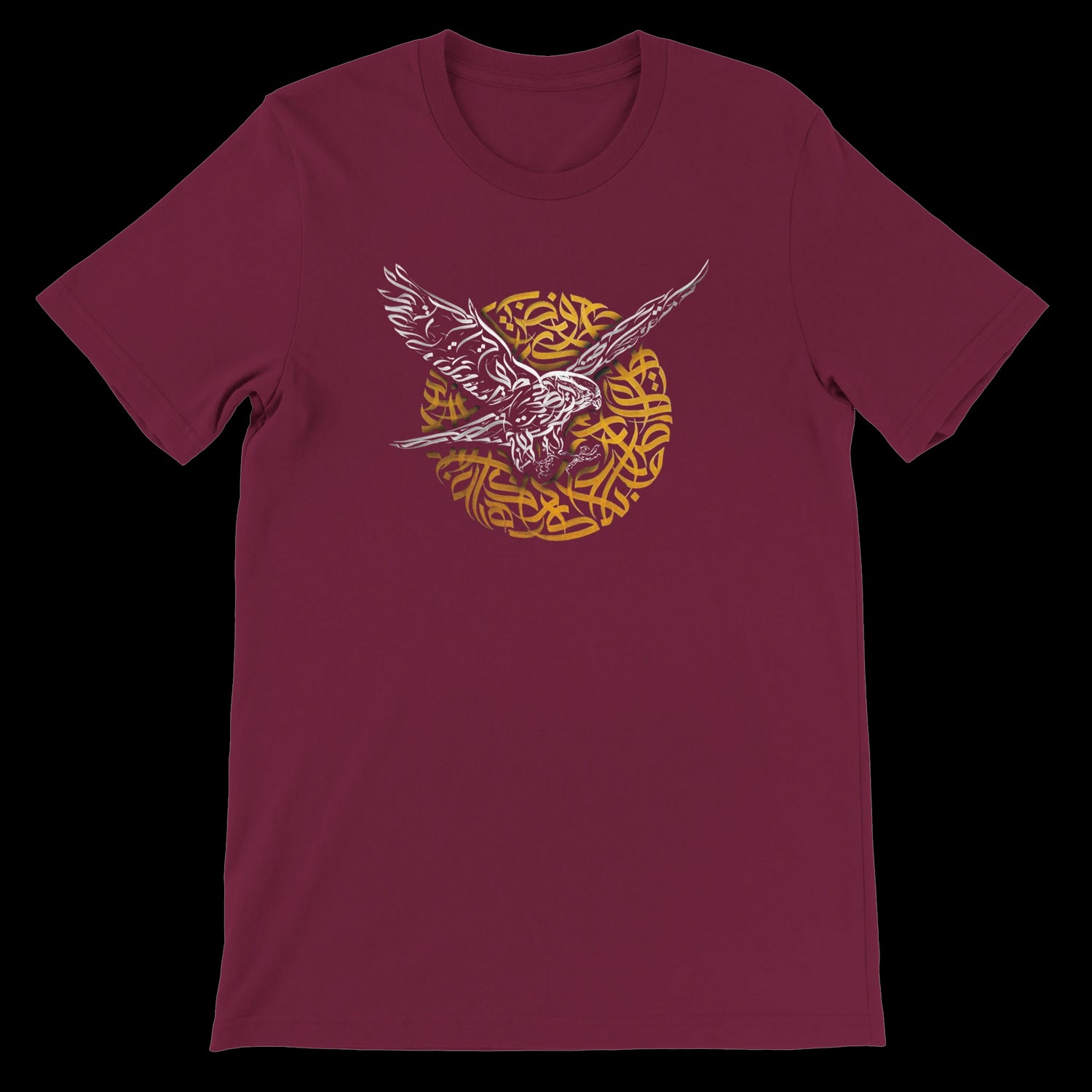 Maroon t-shirt with calligraphy falcon design for artistic streetwear lovers.