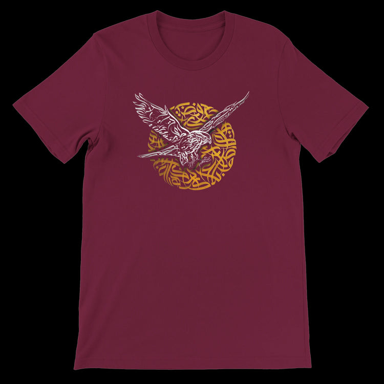 Maroon t-shirt with calligraphy falcon design for artistic streetwear lovers.