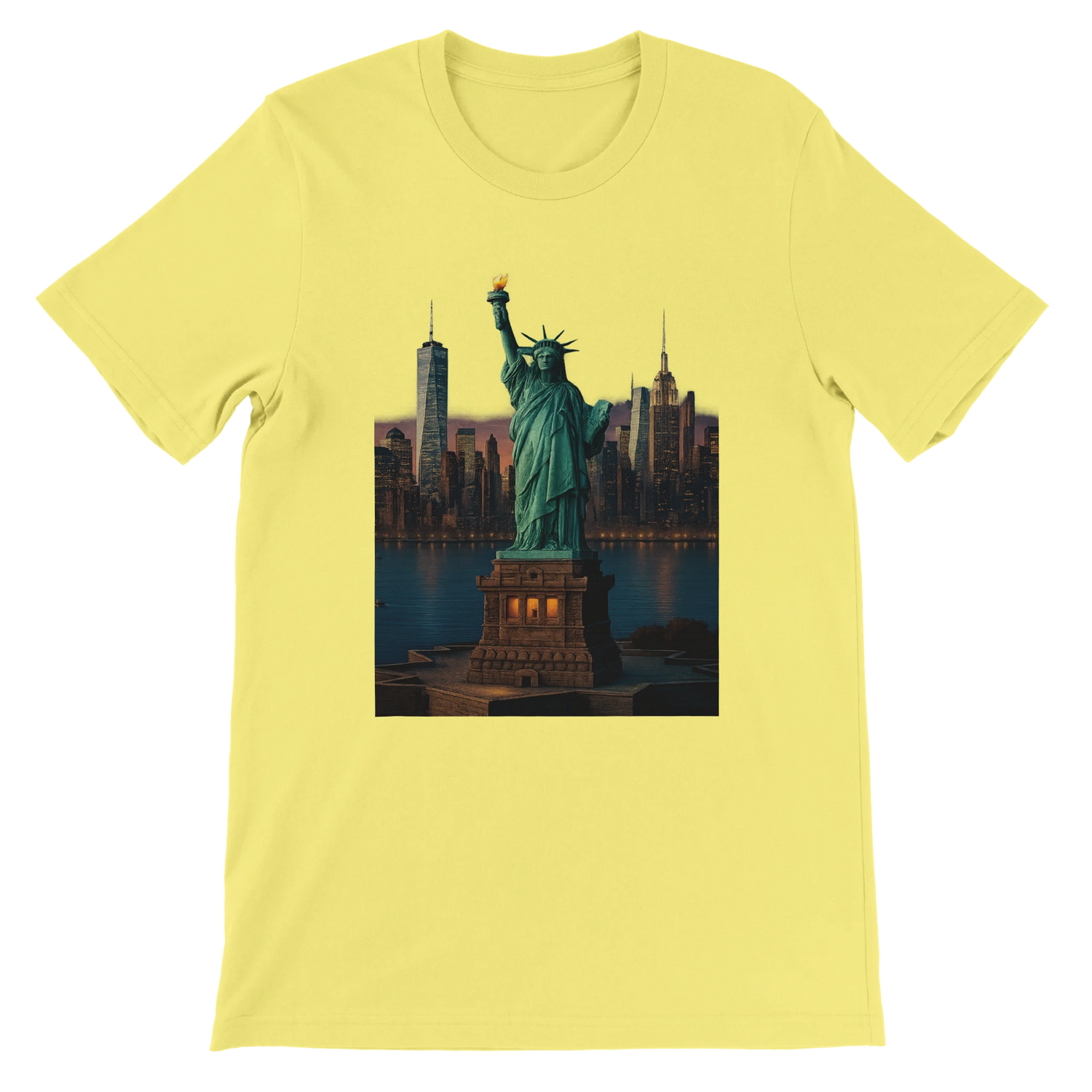 Yellow Statue of Liberty animated graphic t-shirt with bright bold design celebrating New York City and American culture. Soft premium cotton tee ideal for streetwear fashion and world landmark lovers.