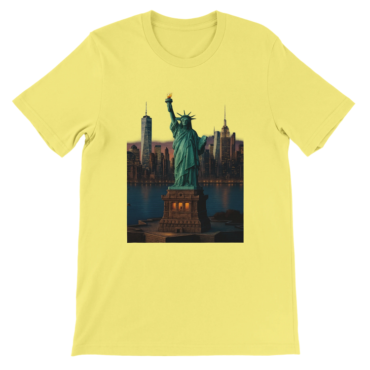 Yellow Statue of Liberty animated graphic t-shirt with bright bold design celebrating New York City and American culture. Soft premium cotton tee ideal for streetwear fashion and world landmark lovers.