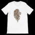White Arabic calligraphy t-shirt with modern minimalist design featuring bold printed strokes inspired by cultural art. Soft premium cotton tee ideal for DTG printing, urban streetwear fashion, and statement identity wear for men and women.