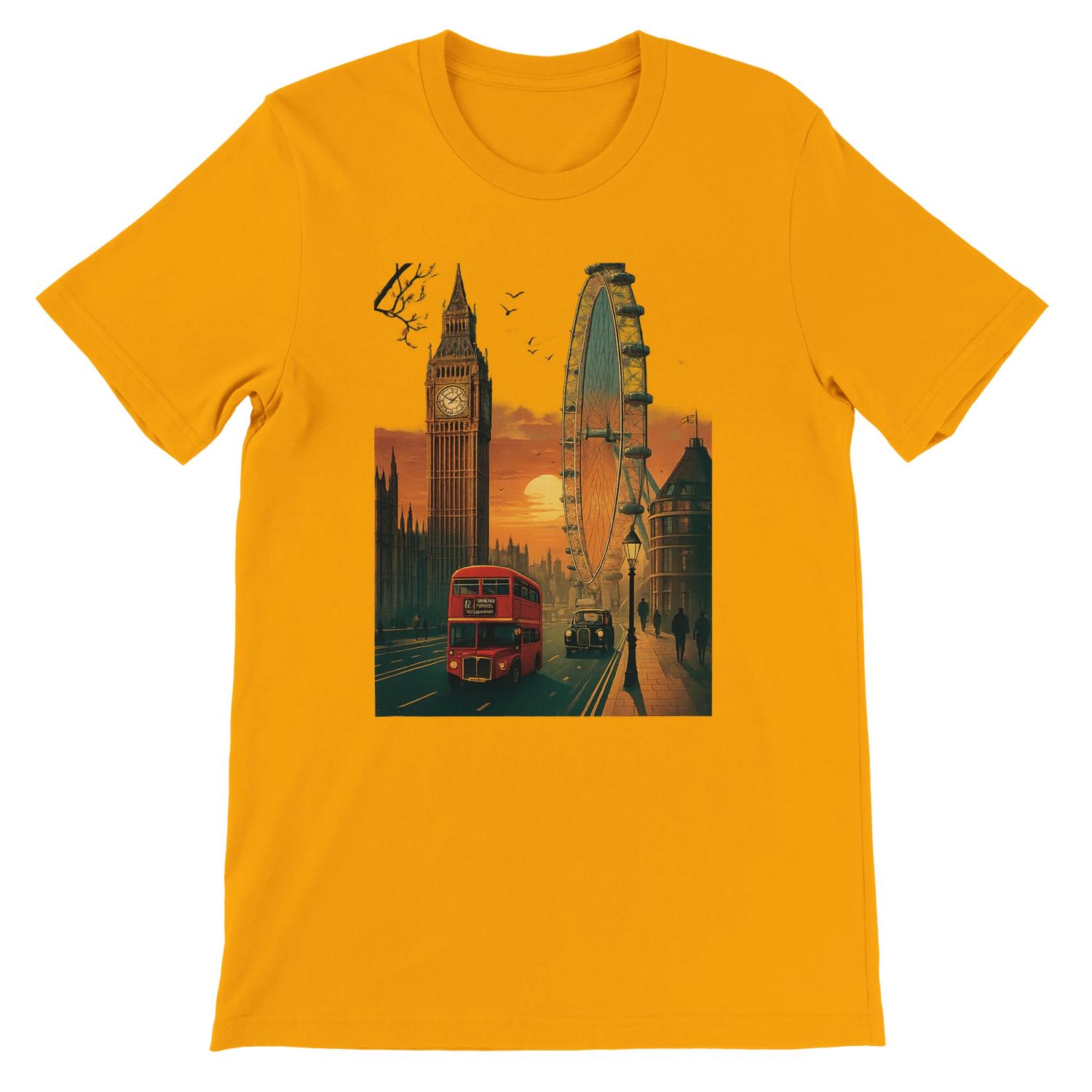 Gold London City Animated Style soft cotton T-shirt with vibrant London cityscape graphic illustration unisex DTG printed tee for streetwear travel lovers and global culture inspired outfits