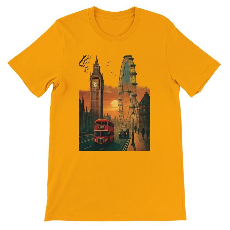 Gold London City Animated Style soft cotton T-shirt with vibrant London cityscape graphic illustration unisex DTG printed tee for streetwear travel lovers and global culture inspired outfits