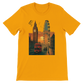 Gold London City Animated Style soft cotton T-shirt with vibrant London cityscape graphic illustration unisex DTG printed tee for streetwear travel lovers and global culture inspired outfits