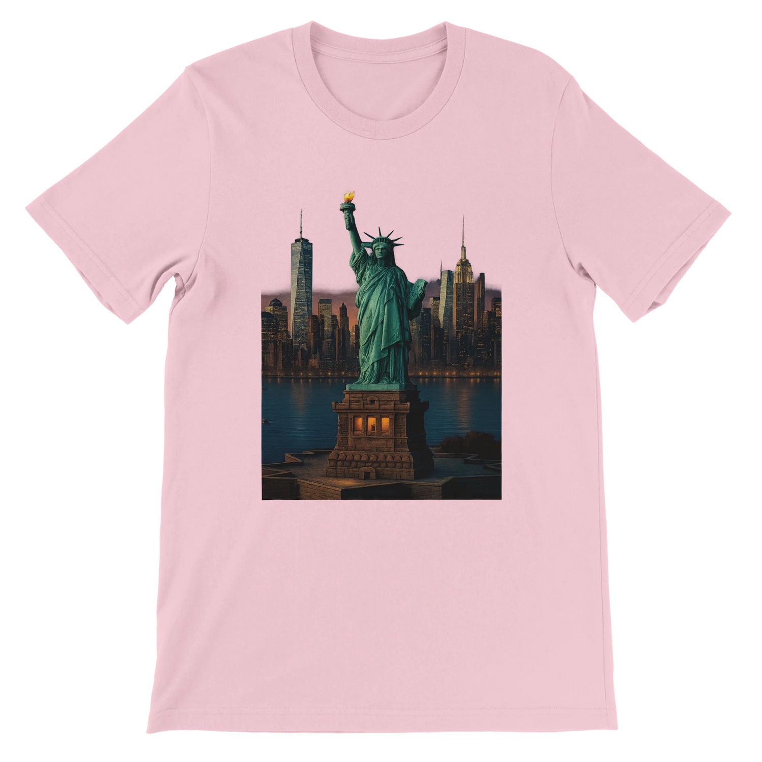 Pink Statue of Liberty New York City animated style t-shirt with stylish artistic landmark design. Unisex graphic tee made from premium cotton perfect for urban fashion travel enthusiasts and statement outfits.