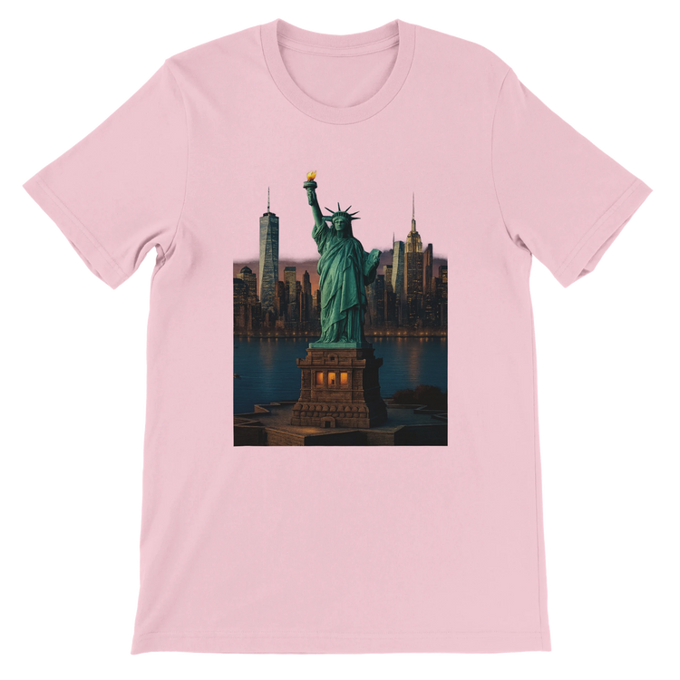 Pink Statue of Liberty New York City animated style t-shirt with stylish artistic landmark design. Unisex graphic tee made from premium cotton perfect for urban fashion travel enthusiasts and statement outfits.