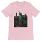 Pink Statue of Liberty New York City animated style t-shirt with stylish artistic landmark design. Unisex graphic tee made from premium cotton perfect for urban fashion travel enthusiasts and statement outfits.