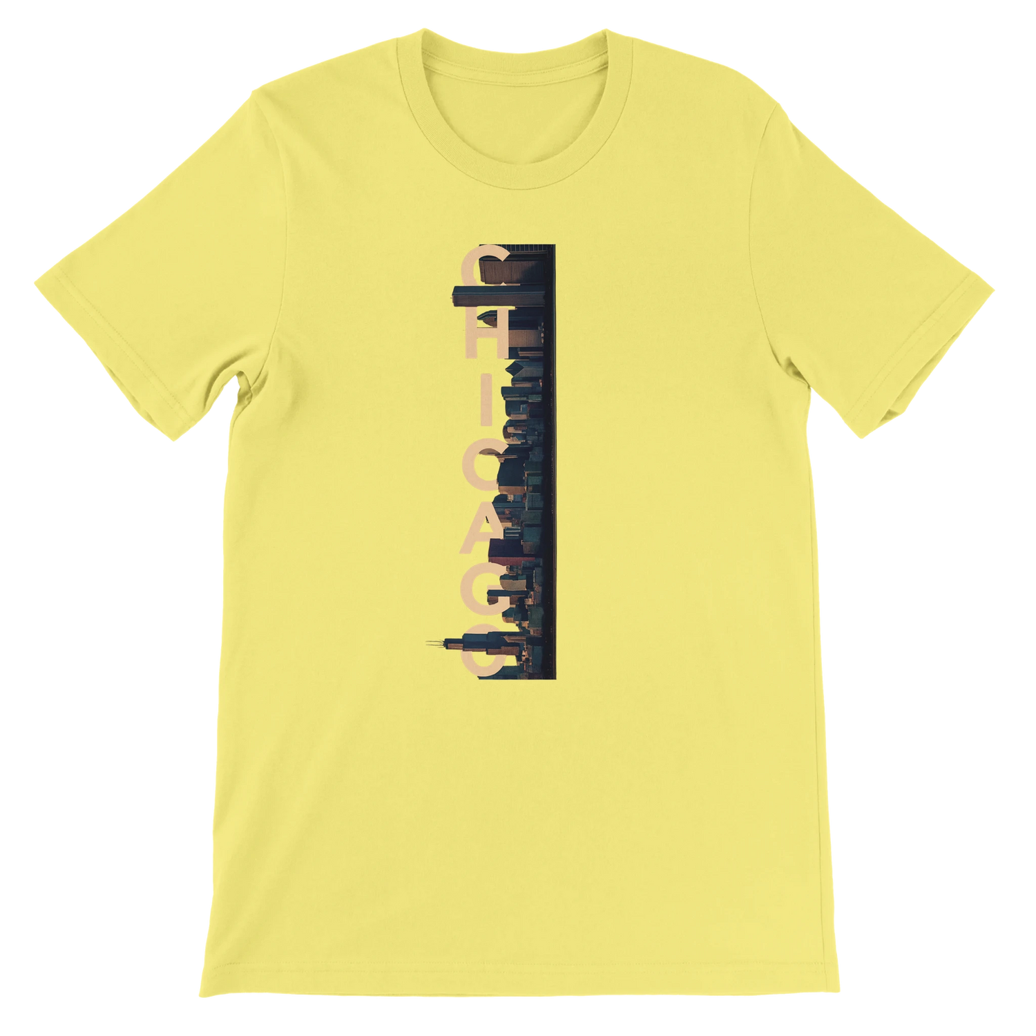 Yellow Chicago City Graphic T Shirt with colorful animated skyline illustration premium cotton city landmark tee for travelers Chicago lovers and modern streetwear outfits