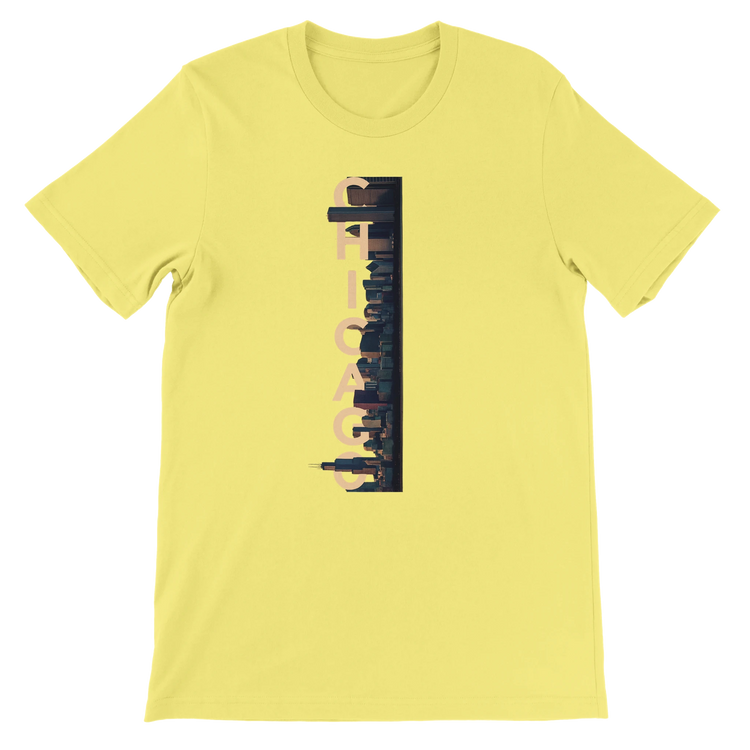 Yellow Chicago City Graphic T Shirt with colorful animated skyline illustration premium cotton city landmark tee for travelers Chicago lovers and modern streetwear outfits