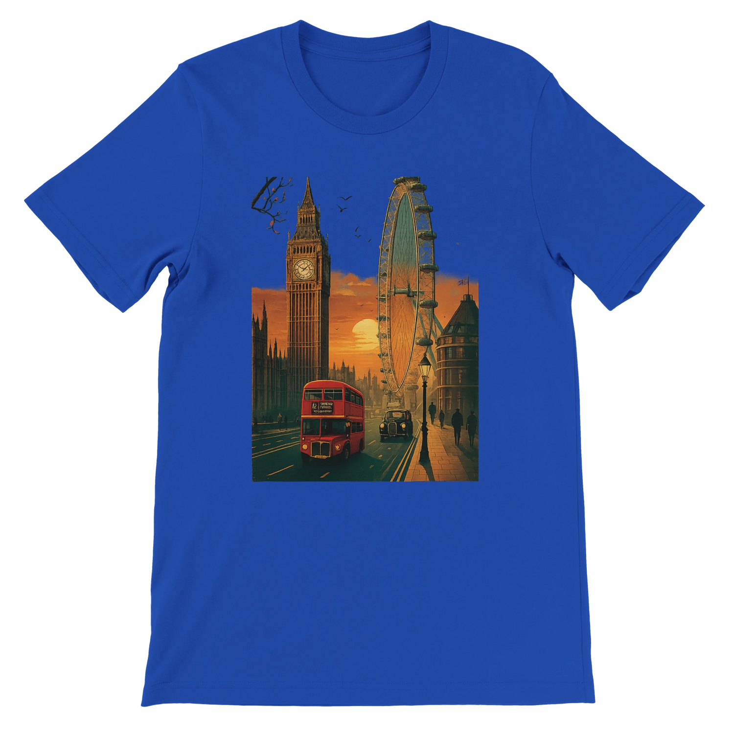 True Royal blue London City Animated Style T-shirt with bold cartoon style London landmarks printed on high quality cotton perfect for streetwear travel and cultural fashion lovers