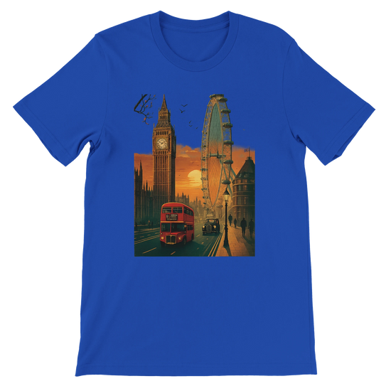 True Royal blue London City Animated Style T-shirt with bold cartoon style London landmarks printed on high quality cotton perfect for streetwear travel and cultural fashion lovers