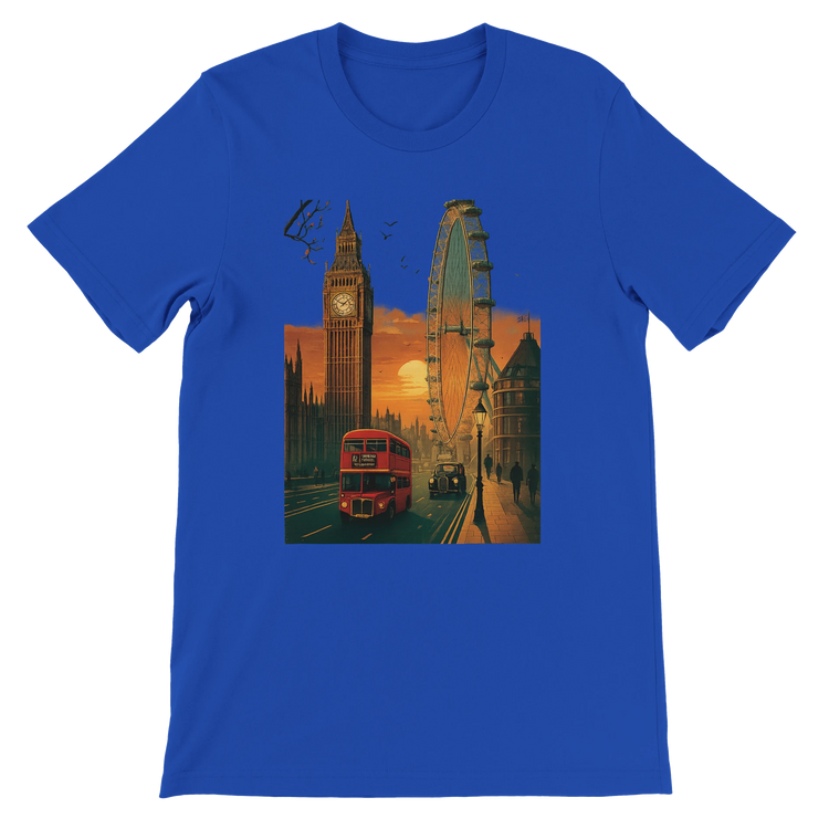True Royal blue London City Animated Style T-shirt with bold cartoon style London landmarks printed on high quality cotton perfect for streetwear travel and cultural fashion lovers