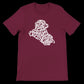 Maroon t-shirt showcasing Iraq map in elegant Arabic calligraphy. Street-style inspired design printed on soft Airlume cotton for Islamic fashion collections, cultural fashion brands, and bold personal expression.