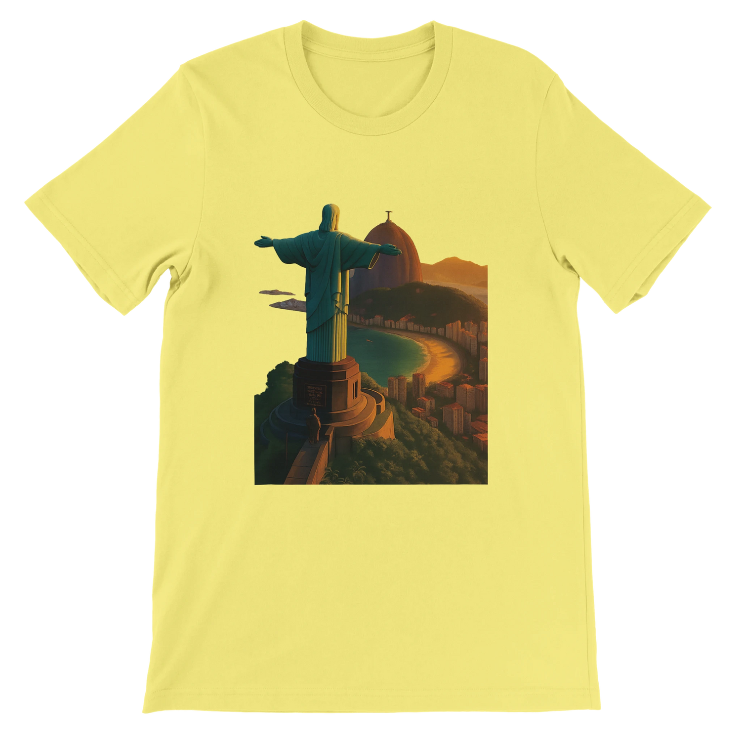 Yellow Christ the Redeemer animated style t-shirt showcasing Rio de Janeiro Brazil landmark art in vivid tones. Soft breathable cotton tee for travel fashion streetwear and urban culture outfits.