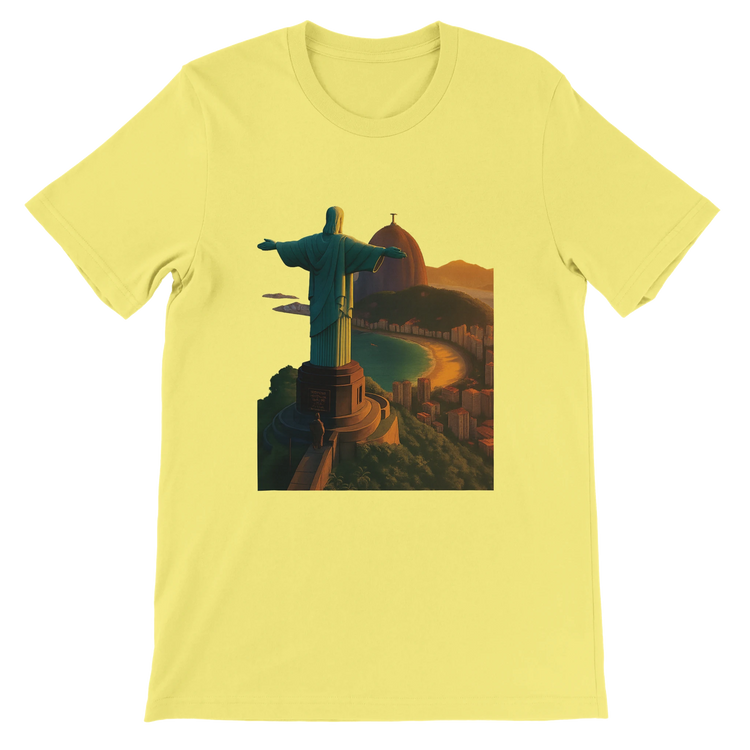 Yellow Christ the Redeemer animated style t-shirt showcasing Rio de Janeiro Brazil landmark art in vivid tones. Soft breathable cotton tee for travel fashion streetwear and urban culture outfits.