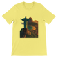 Yellow Christ the Redeemer animated style t-shirt showcasing Rio de Janeiro Brazil landmark art in vivid tones. Soft breathable cotton tee for travel fashion streetwear and urban culture outfits.