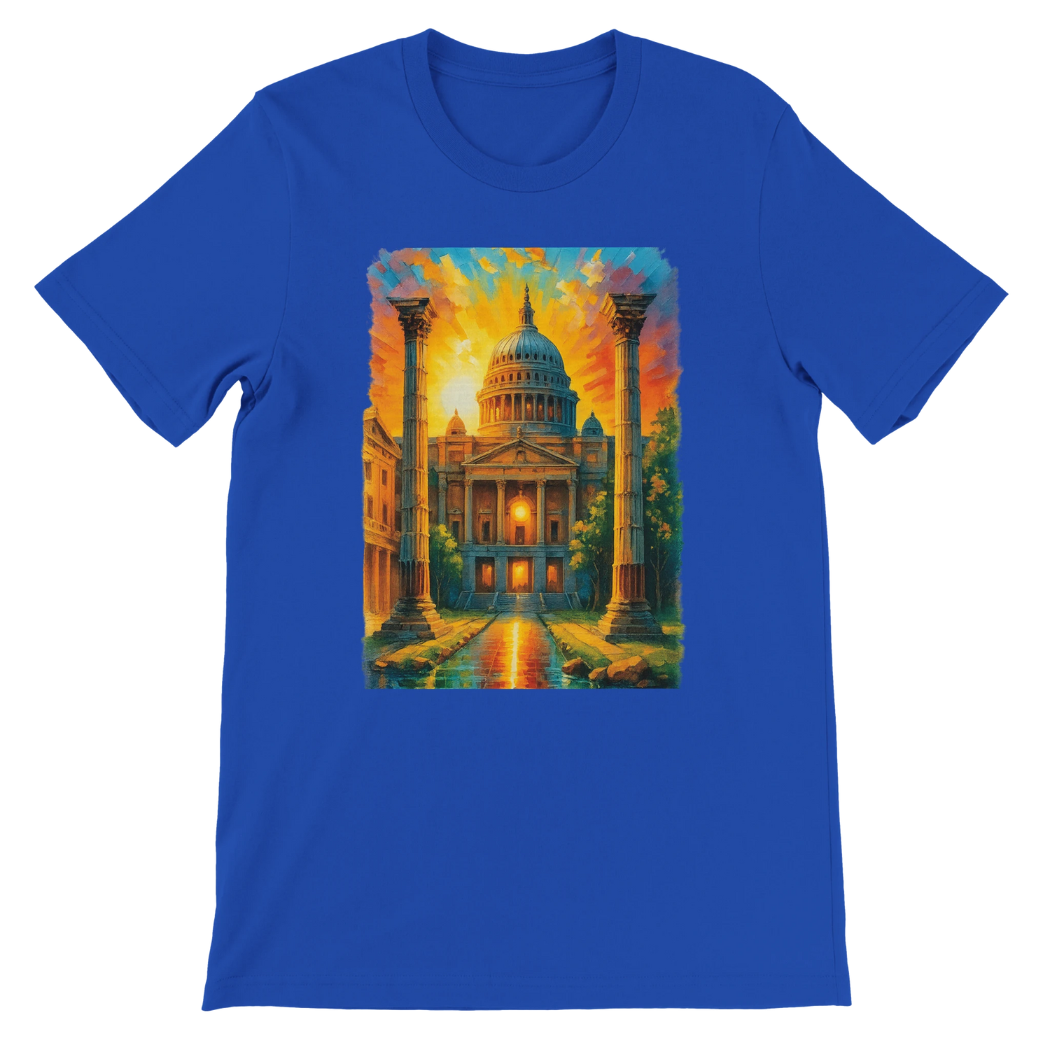 True royal blue t-shirt with St. Paul’s Cathedral animation showcasing London’s iconic skyline. Unisex streetwear apparel made with soft, ring-spun cotton. Ideal for DTG printing, urban styling, and travel-inspired fashion.