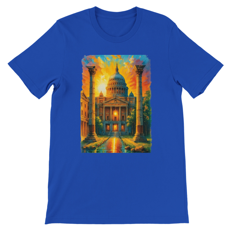 True royal blue t-shirt with St. Paul’s Cathedral animation showcasing London’s iconic skyline. Unisex streetwear apparel made with soft, ring-spun cotton. Ideal for DTG printing, urban styling, and travel-inspired fashion.