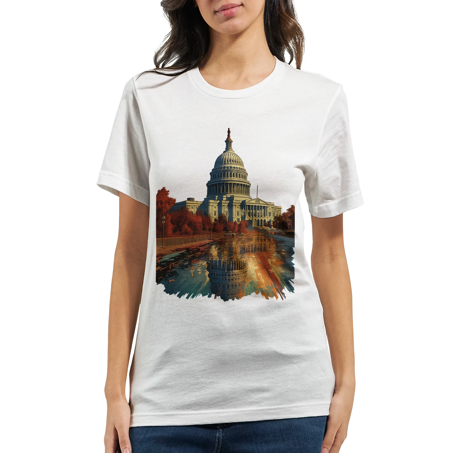 Eco-friendly unisex tee with vibrant DTG print of the White House in animated style. A sustainable fashion piece for environmentally conscious travelers and urban explorers.
