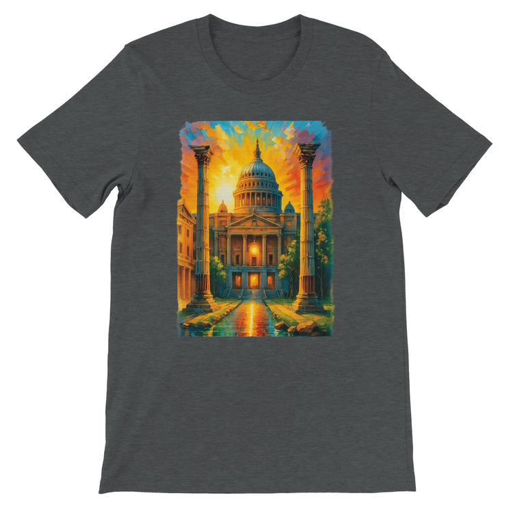 Dark grey heather streetwear tee with animated St. Paul’s Cathedral from London. DTG-optimized eco-cotton shirt with global landmark theme. Urban fashion piece for travel lovers and artistic tee collectors.