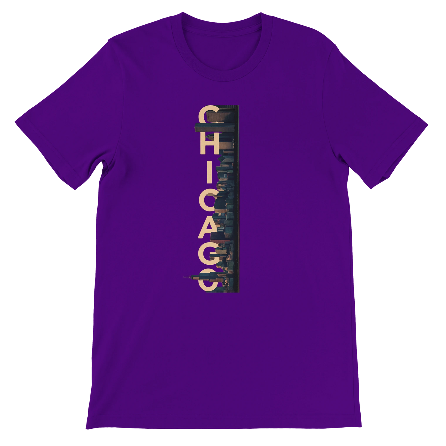 Team Purple Chicago City Graphic T Shirt with vibrant animated skyline illustration premium urban fashion streetwear for Chicago fans travelers and culture lovers