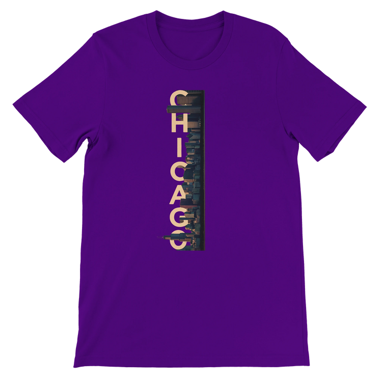 Team Purple Chicago City Graphic T Shirt with vibrant animated skyline illustration premium urban fashion streetwear for Chicago fans travelers and culture lovers
