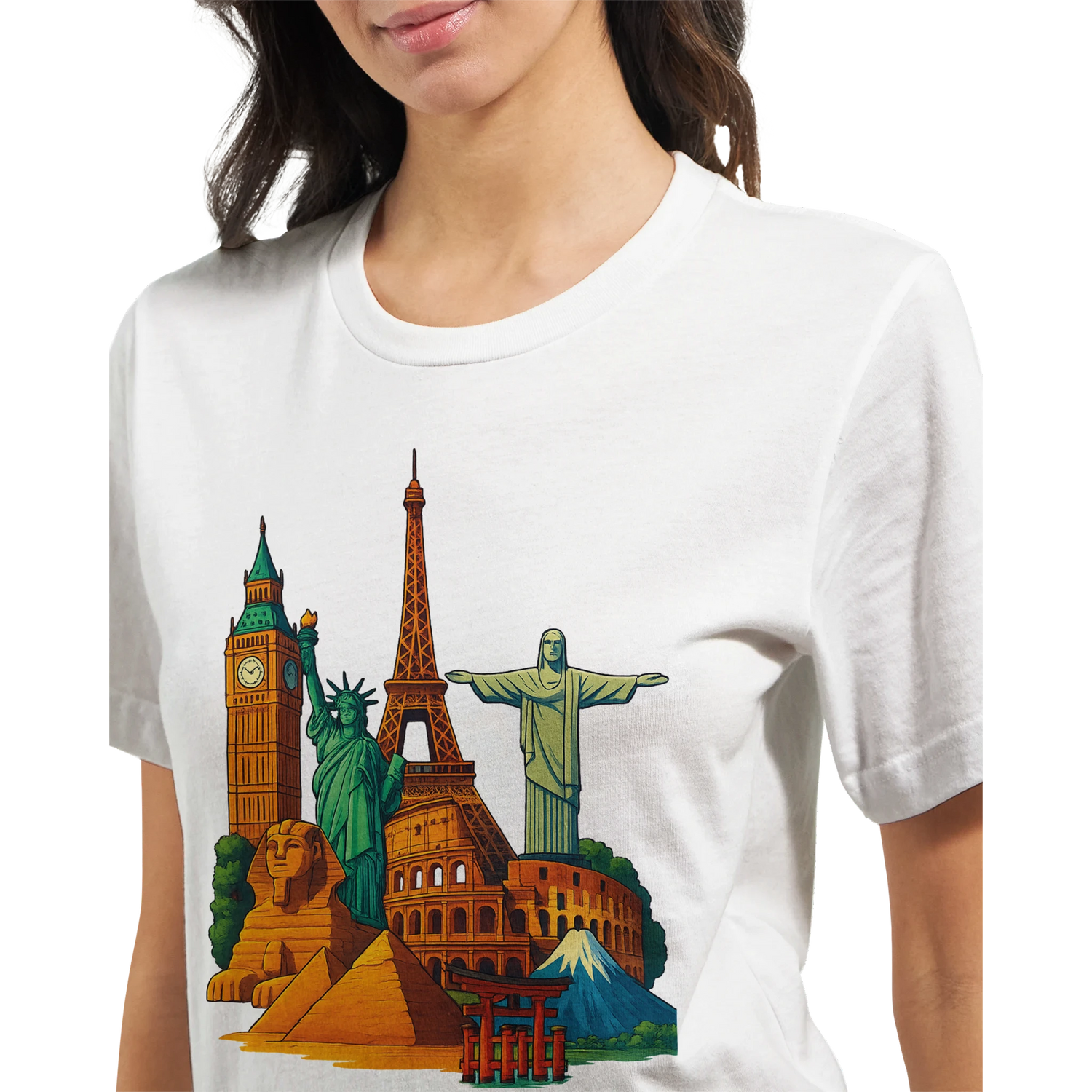 Animated Famous Landmarks T-Shirt for global travelers featuring vibrant cartoon style monuments from top destinations around the world printed on premium ring spun cotton with a comfortable unisex fit for backpacker fashion travel bloggers tourism apparel and trendy city souvenir clothing